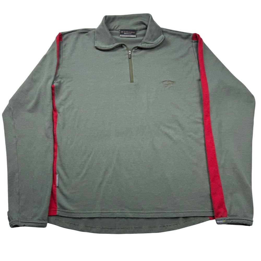 Icebreaker Bodyfit 260 Merino Wool Quarter Zip Mens XL Green Red Stripe Pullover